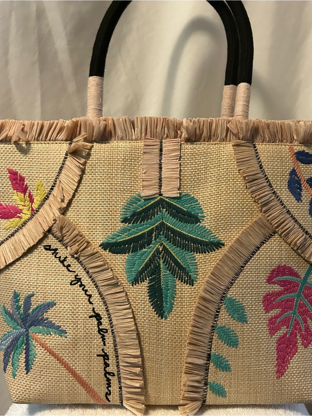 Woven Straw Tote with Tropical Embroidery - Beige - Picture 2 of 5